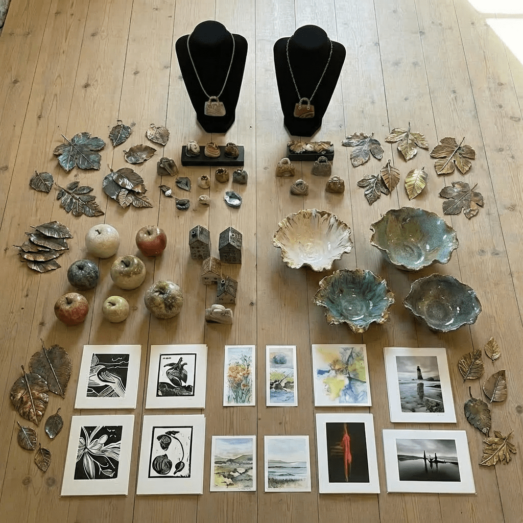 Wooden display cabinet filled with handcrafted jewelry, ceramics, and postcards in a stone-walled gallery.