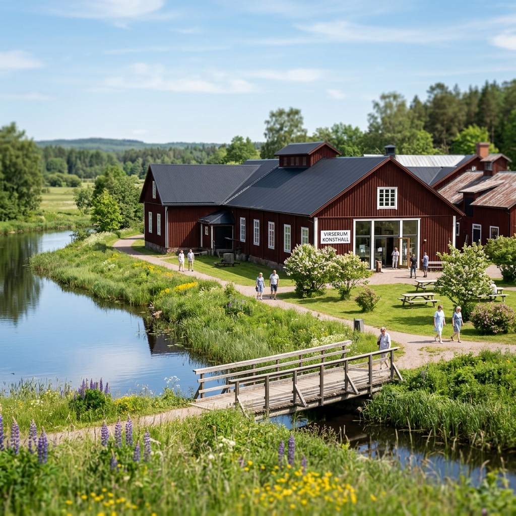 Red building labeled Virserum Konsthall beside a calm river with walking paths and garden
