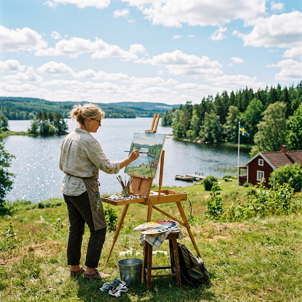 Woman painting a lakeside landscape on an easel outdoors