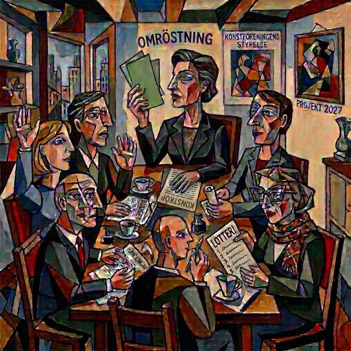 Art association meeting with text OMRÖSTNING, BUDGET, KONSTKÖP, and PROJEKT 2027