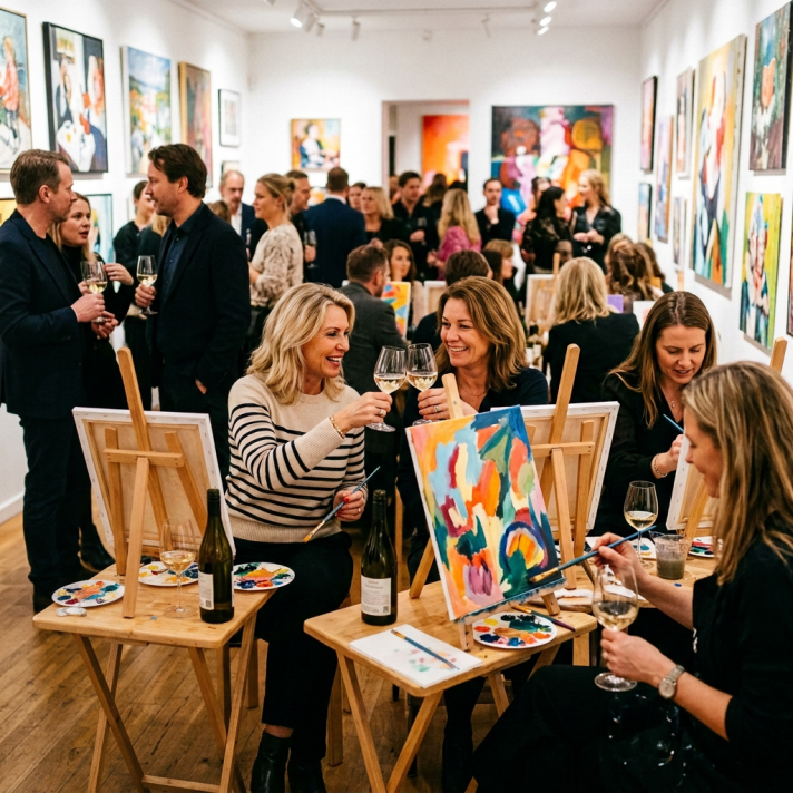 People painting, drinking wine, and socializing in a contemporary art gallery