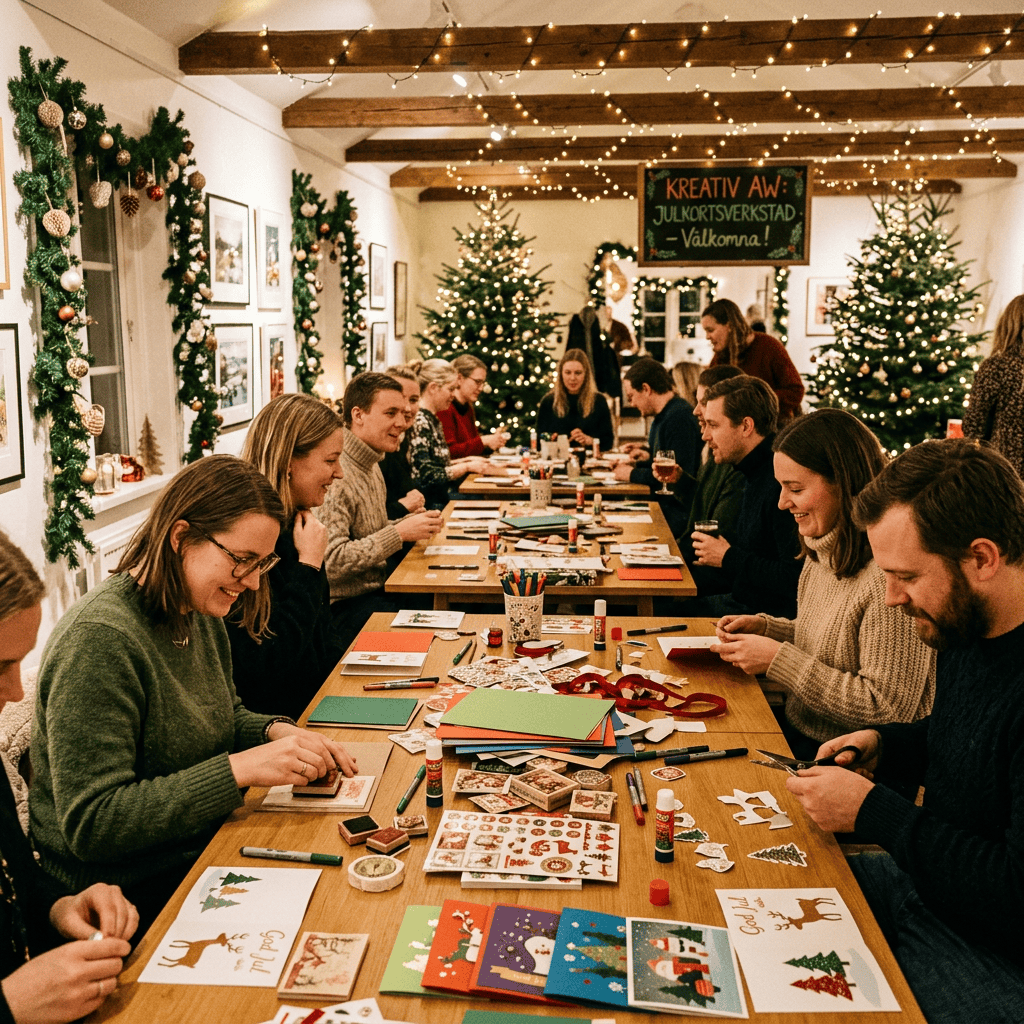 People making Christmas cards; sign reads “KREATIV AW: JULKORTSVERKSTAD – Välkomna!”