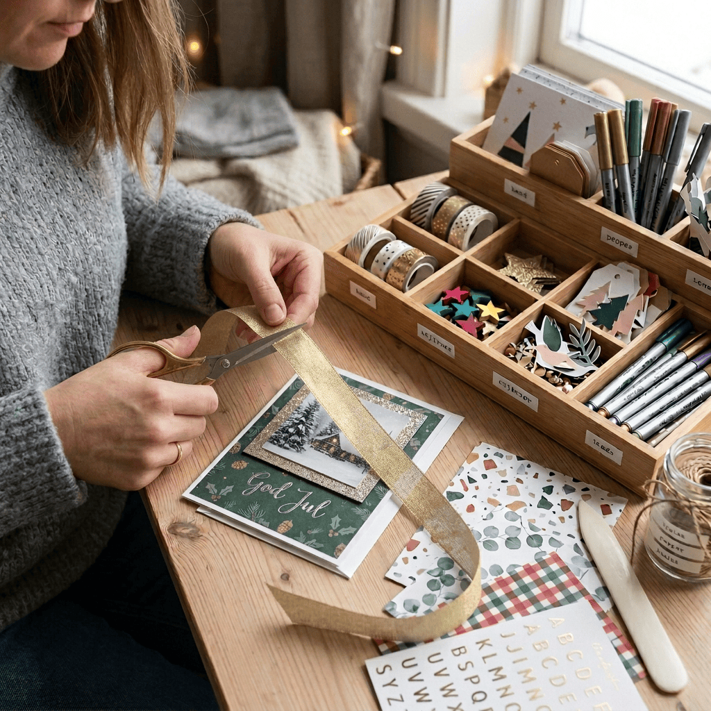 Person cutting striped paper beside a handmade Christmas card and craft supplies