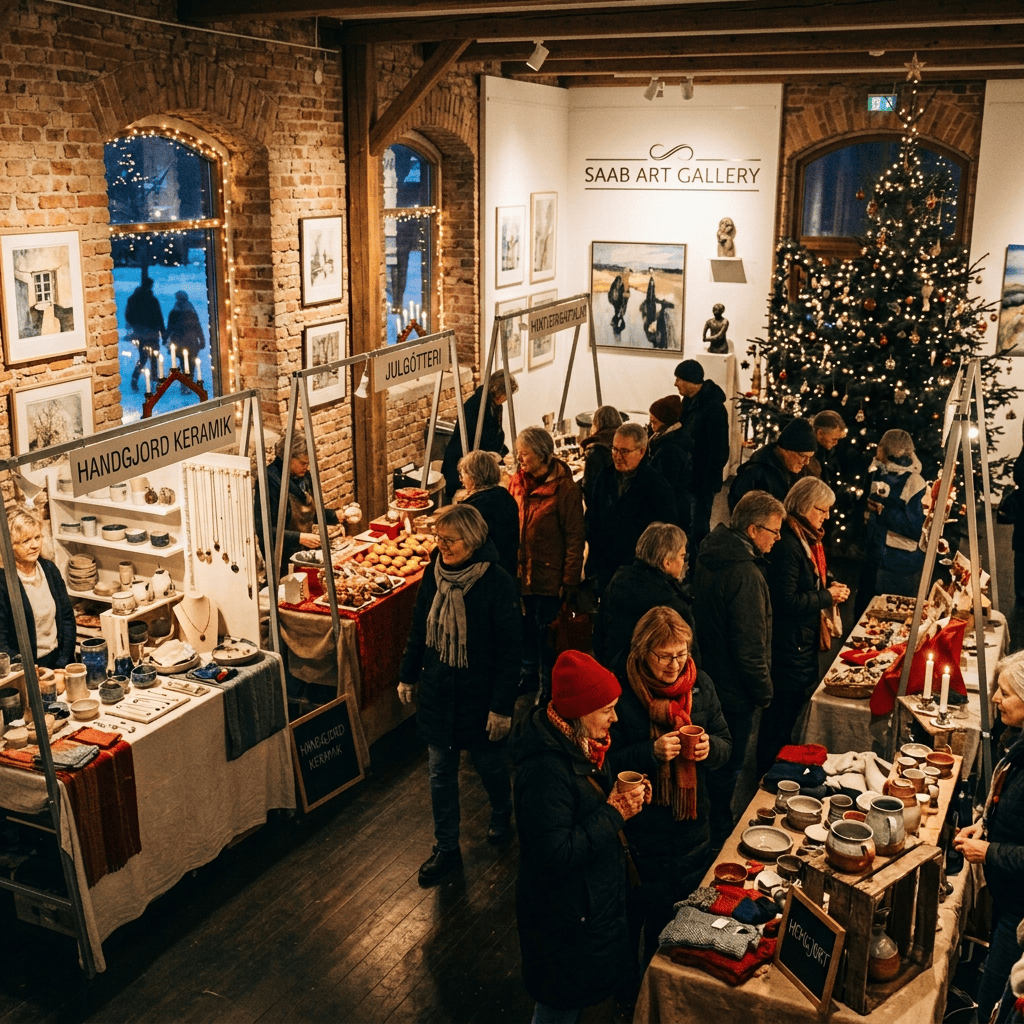 Crowded Christmas craft market inside SAAB ART GALLERY with handmade ceramics and holiday treats