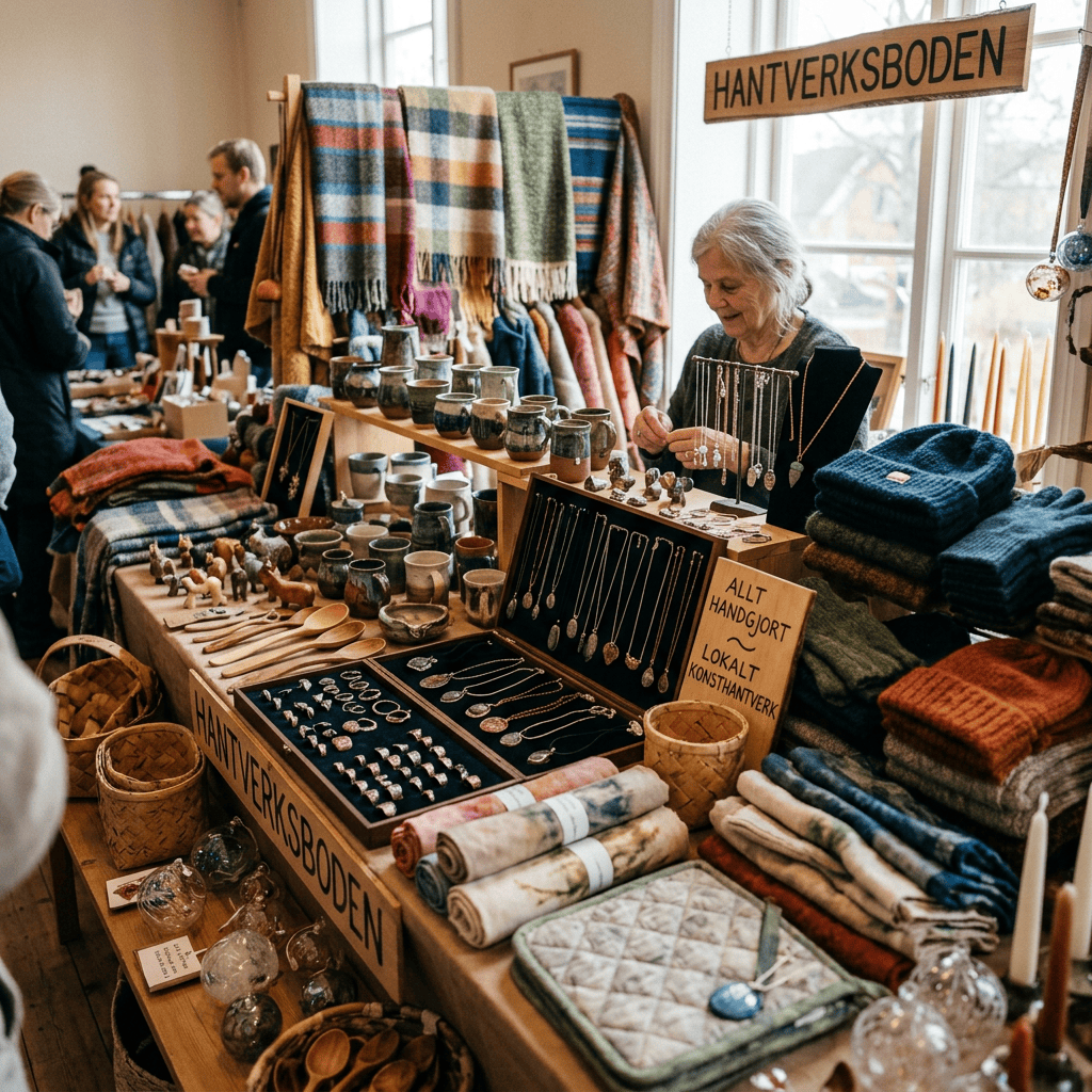 Artisan market stall displaying handmade textiles, pottery, jewelry, and woodwork